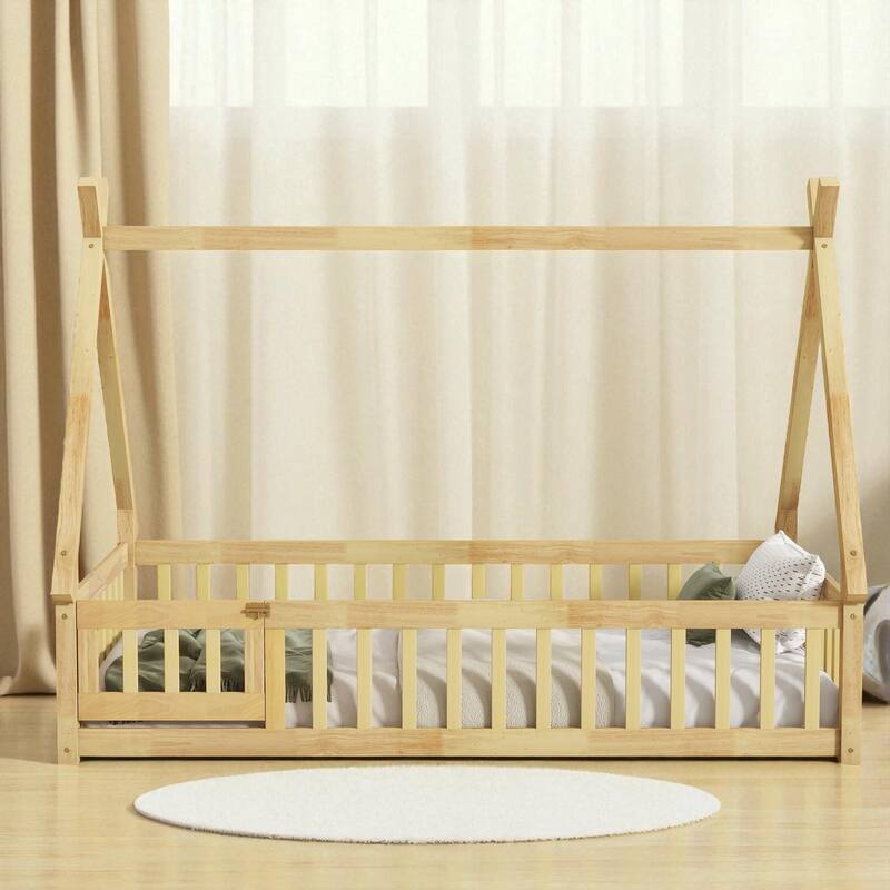 Twin Size Rubber Wood Teepee Floor Bed with Guardrails, Slats and Door for Kids Bedroom - Natural - Twin