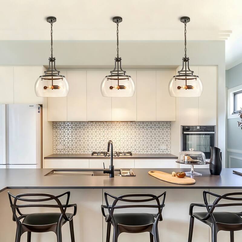 15.9" W 3-Light Modern Farmhouse Matte Black Pendant light with Clear Glass Dome Shade for Kitchen Island, Dining Room, Foyer