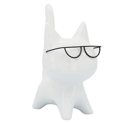 8" Porcelain Kitten Statue White Kitty with Glasses Decorative Sculpture Contemporary Creative Home or Office Table