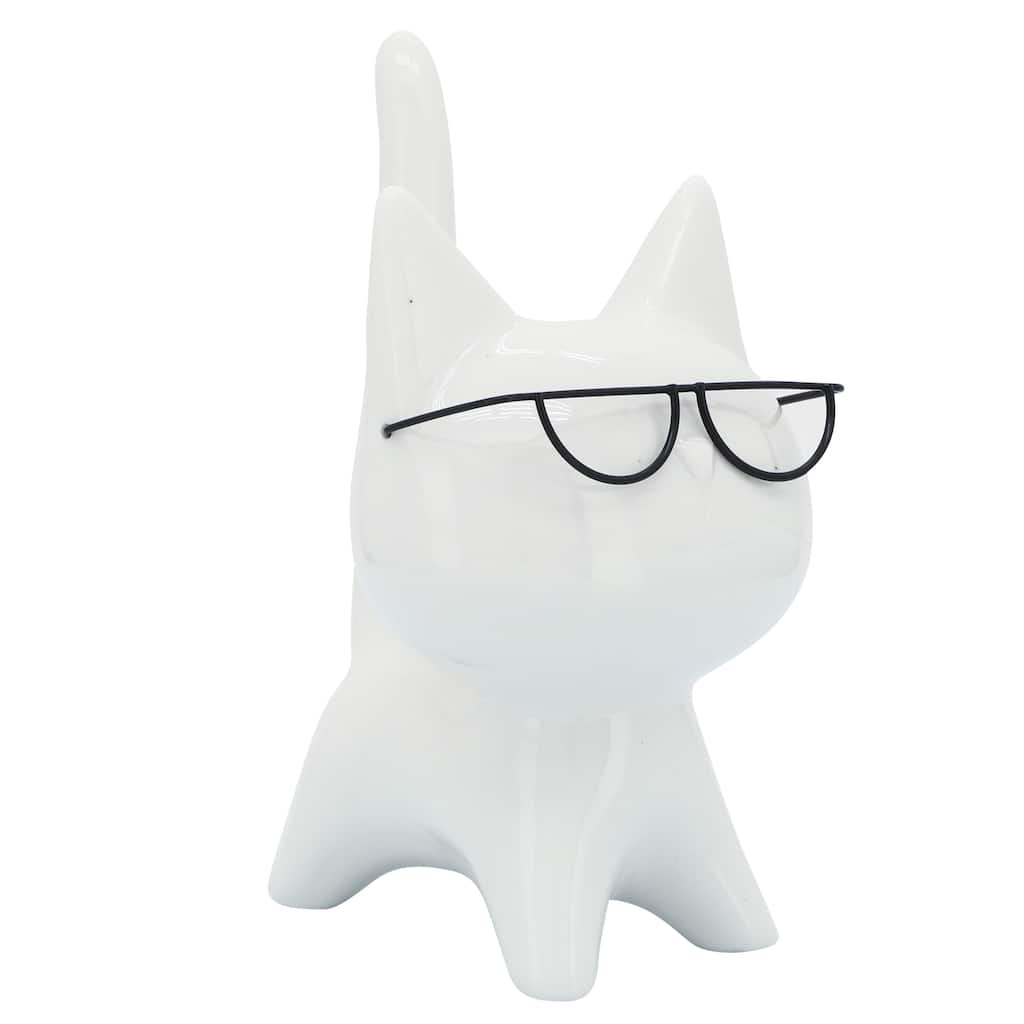 8" Porcelain Kitten Statue White Kitty with Glasses Decorative Sculpture Contemporary Creative Home or Office Table