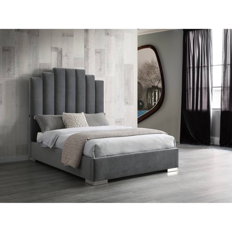 Velvet Upholstered Bed with USB Ports Grey Fabric Platform Bed Frame with Chrome Legs Double Bed