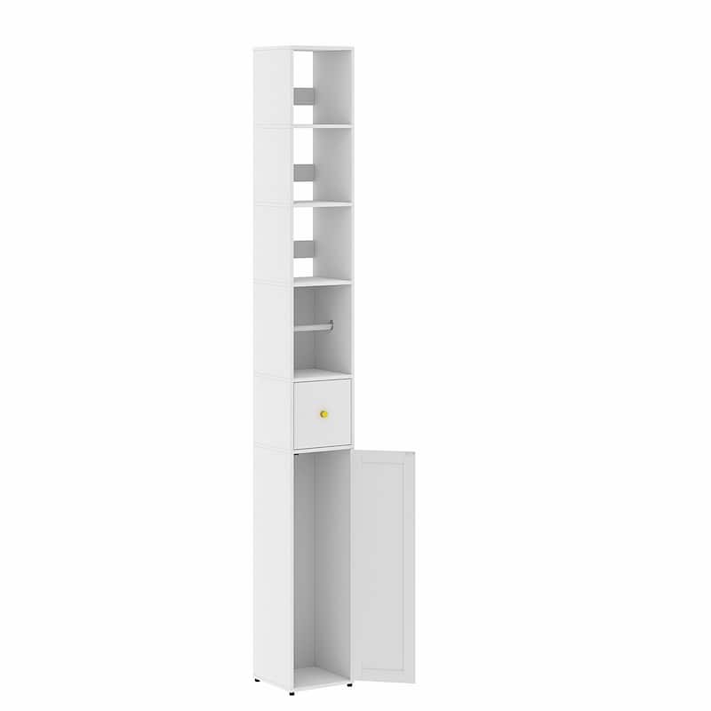 VECELO Tall Bathroom Storage Cabinet, Freestanding Linen Tower with 4-Tier Shelf, 1 Drawer and 1 Cupboards