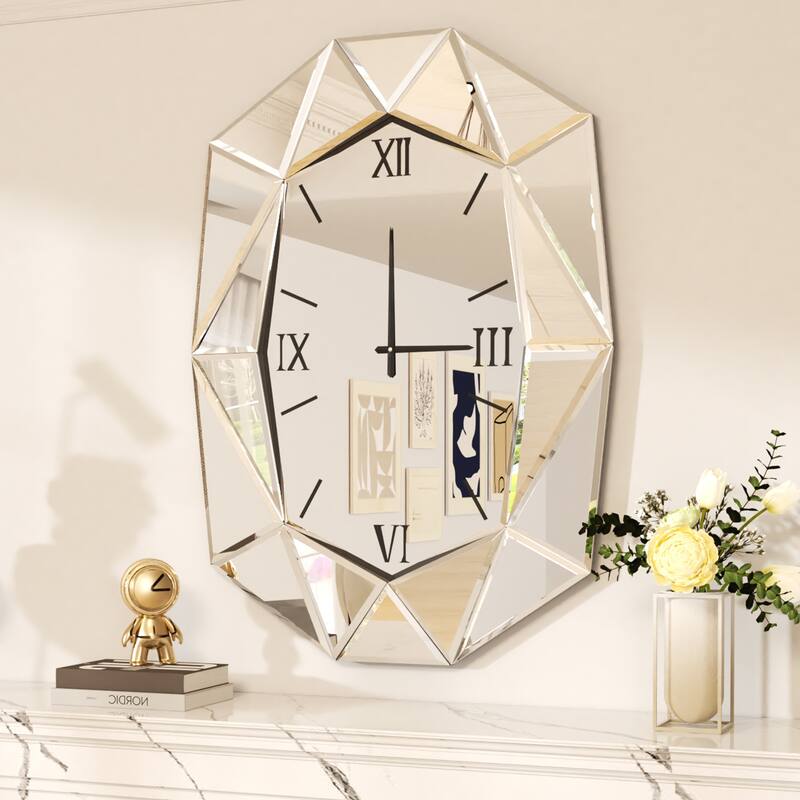 Diamond Beveled Edge Bathroom Wall Vanity Mirror - Silver with Clock