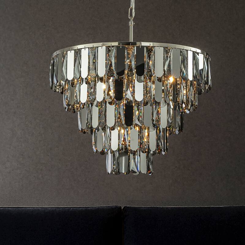 Dimmable Modern Smoked Crystal Chandelier Contemporary Round Polished Nickel Pendant Light Fixture for Dining Room Bedroom