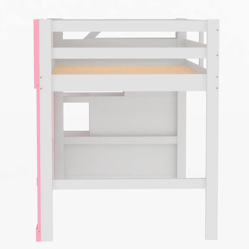 Castle Style Twin Size Low Loft Bed with Storage Staircase and Window Design, Playhouse Design Loft Bedframe with Guardrails