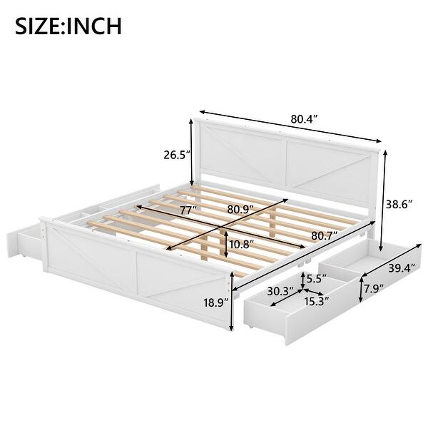 dimension image slide 2 of 4, Wooden Storage Platform Bed with 4 Drawers & Support Legs