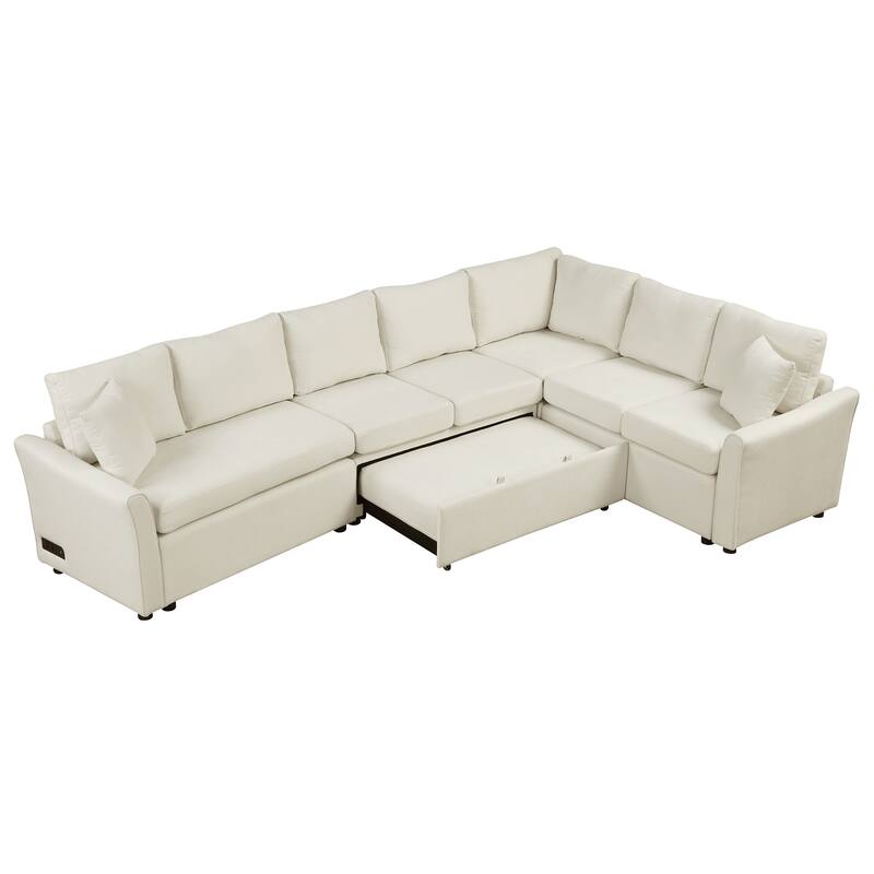 L-shaped Sofa Convertible Sofa Bed Pull Out Sofa Sleeper with Two Back Pillows, Two USB Ports and Two Power Sockets