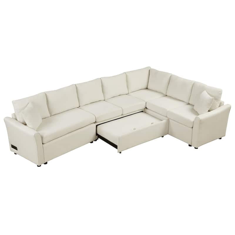 Roomfitters L-Shaped Convertible Pull-Out Sofa Bed with Two Back Pillows, USB Ports, and Power Sockets