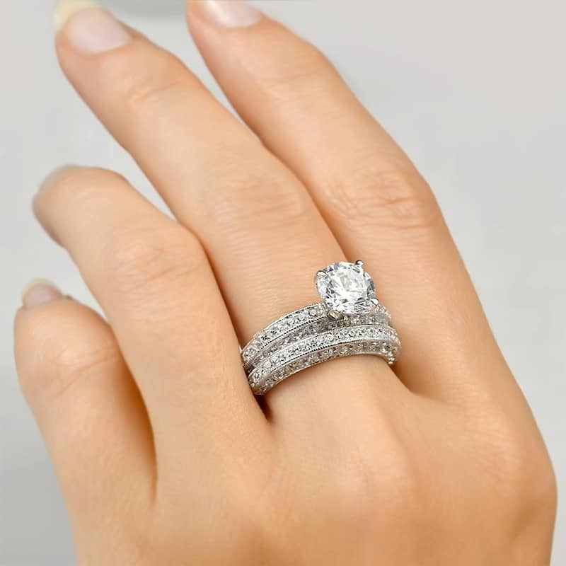 Wedding Anniversary Band Engagement Ring Set Sterling Silver 2.0 CT