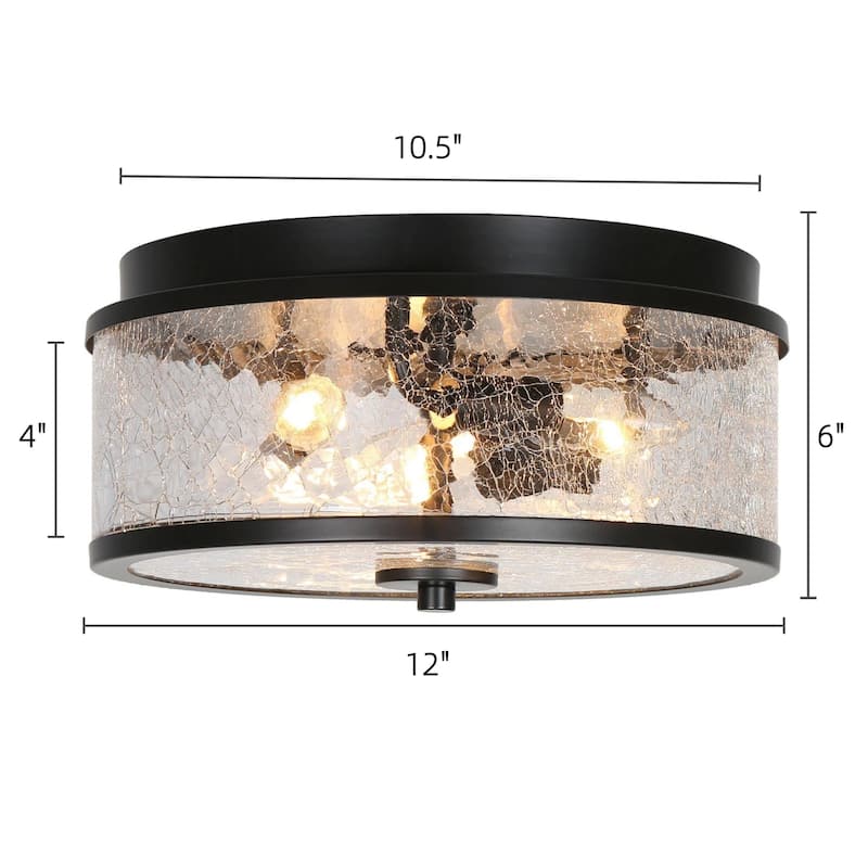 3-Light Modern Farmhouse Black Gold Drum Flush Mount Ceiling Light with Glass Shade - D12"×H6"