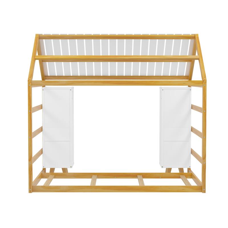 Wooden Twin Size House Bed with Fence and Roof, Kids Floor Bed with Two Movable Wardrobes, Natural