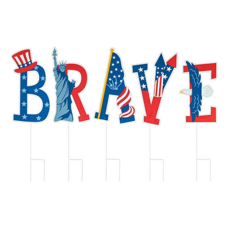 Glitzhome Set of 5 Patriotic/Americana BRAVE Yard Stake or Wall Decor