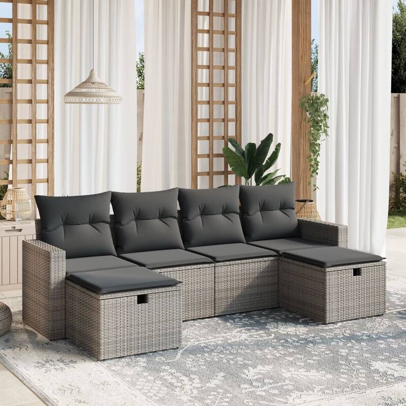vidaXL Patio Sofa Set with Cushions Outdoor Furniture 6 Piece Poly Rattan - Grey Large