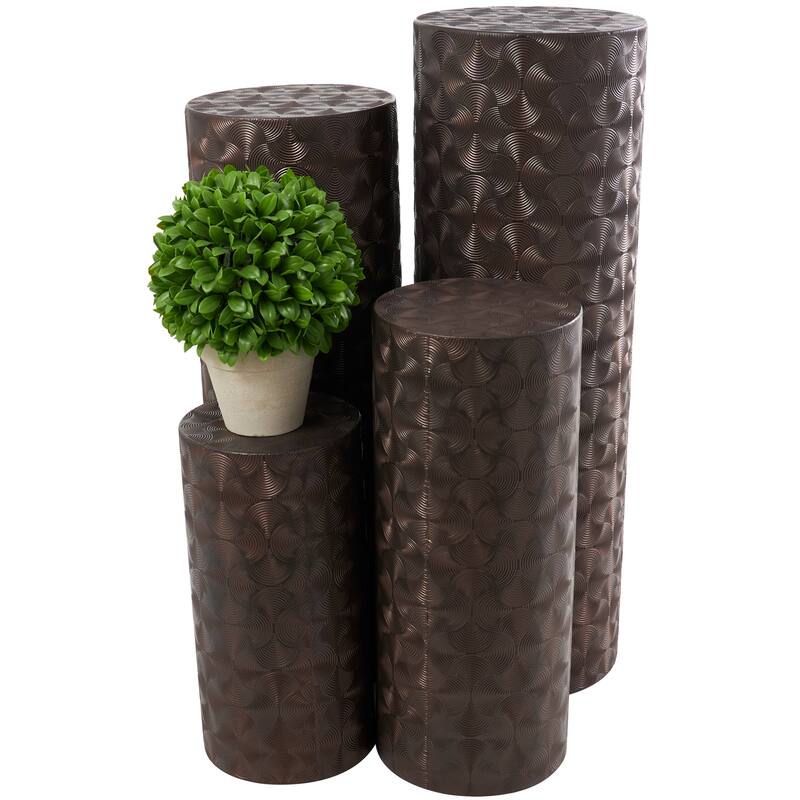 Metal Abstract Tall Slim Pedestal Table with Grooved Shell or Hammered Design - Set of 4 Brown - Roche River Decor
