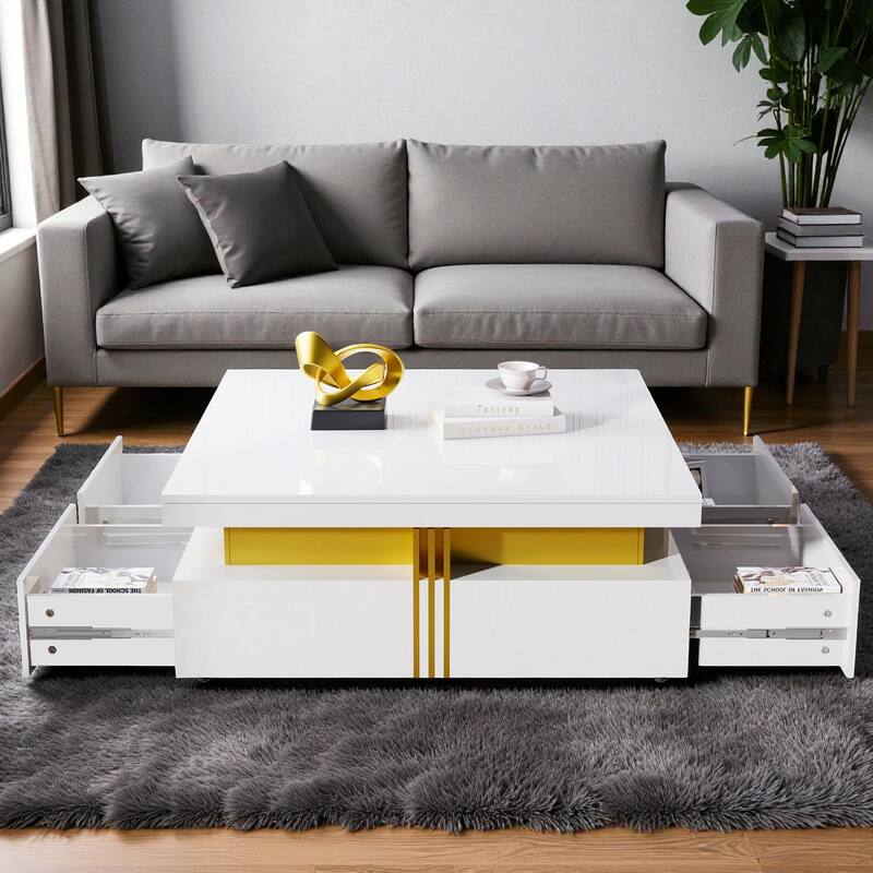 43.3" Modern Glossy Square Coffee Table with 4 Storage Drawers, High Gloss MDF Center Table for Living Room