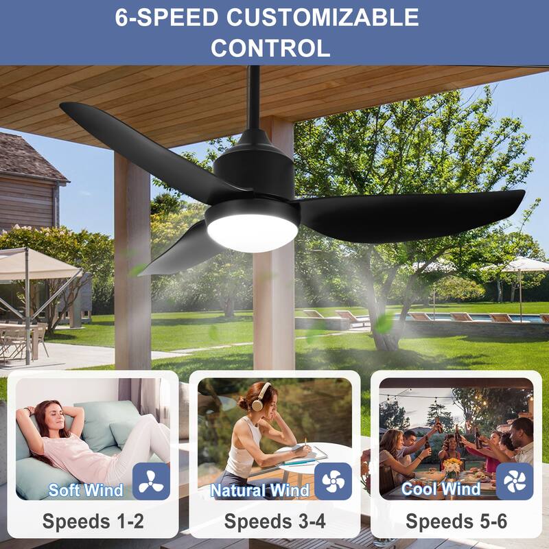Outdoor Ceiling Fan with Light: 42-52 Inch Hanging - Plug in Waterproof Fans for Patio - Dimmable Remote App Control Black