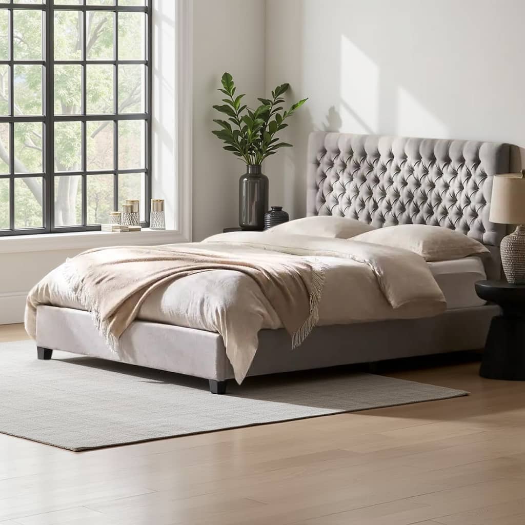 Amare Platform Queen Size Bed, Button Tufted Light Gray Polyester