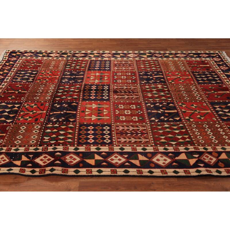 Red Geometric Bakhtiari Persian Vintage Rug Handmade Wool Carpet - 6'9" x 9'4"