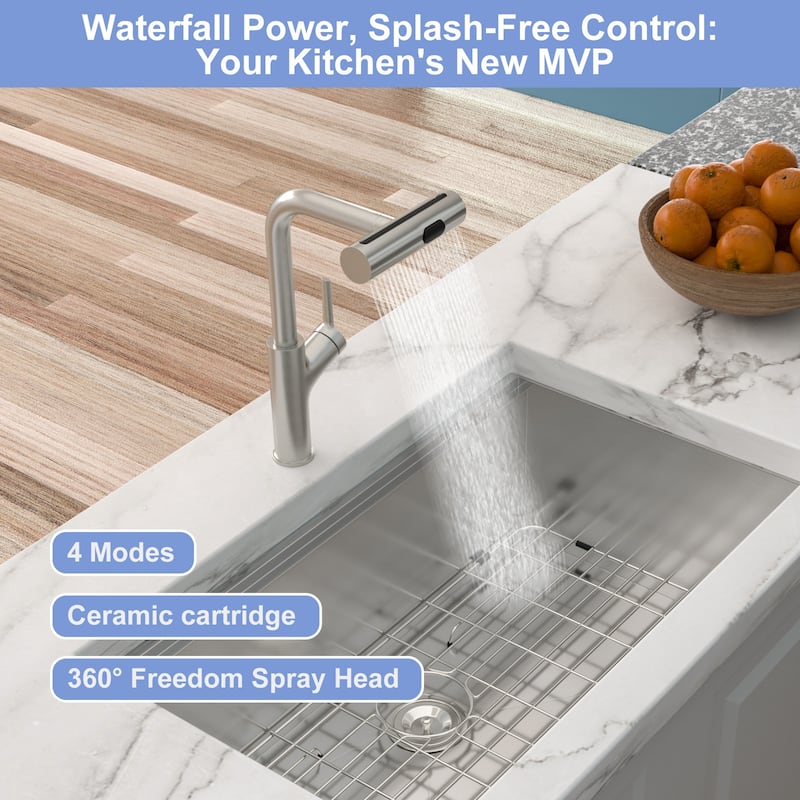 Modern & Sleek Design 360°Pull-Down Kitchen Faucet with 4 Spray Modes,