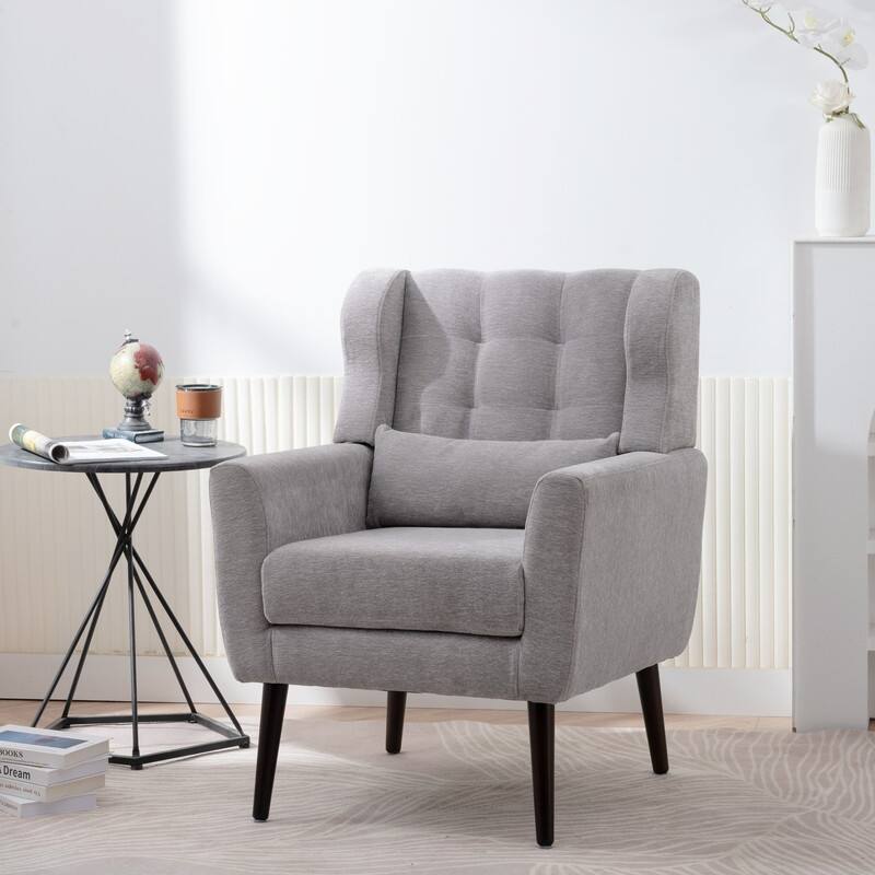 Modern Chenille Upholstered Armchair with Pillow and Solid Wood Leg