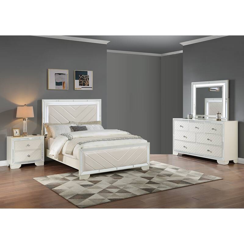 Transitional Style 4pc Bed Set Diamond Knob Handles LED On Mirror Upholstered Headboard Cream Finish Bedroom Furniture