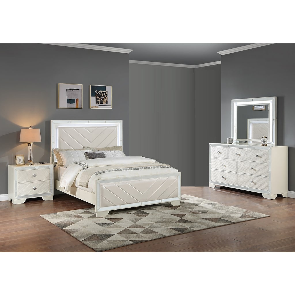 Transitional Style 4pc Bed Set Diamond Knob Handles LED On Mirror Upholstered Headboard Cream Finish Bedroom Furniture