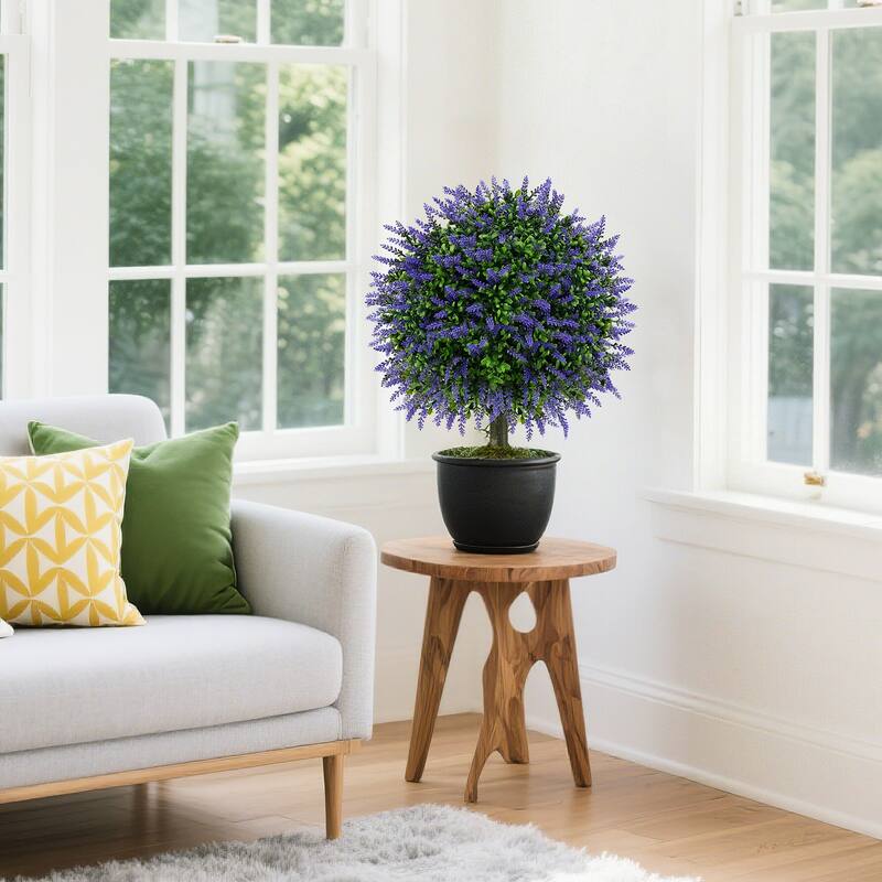Gymax Set of 2 Artificial Lavender Topiary Ball Trees 23'' Faux