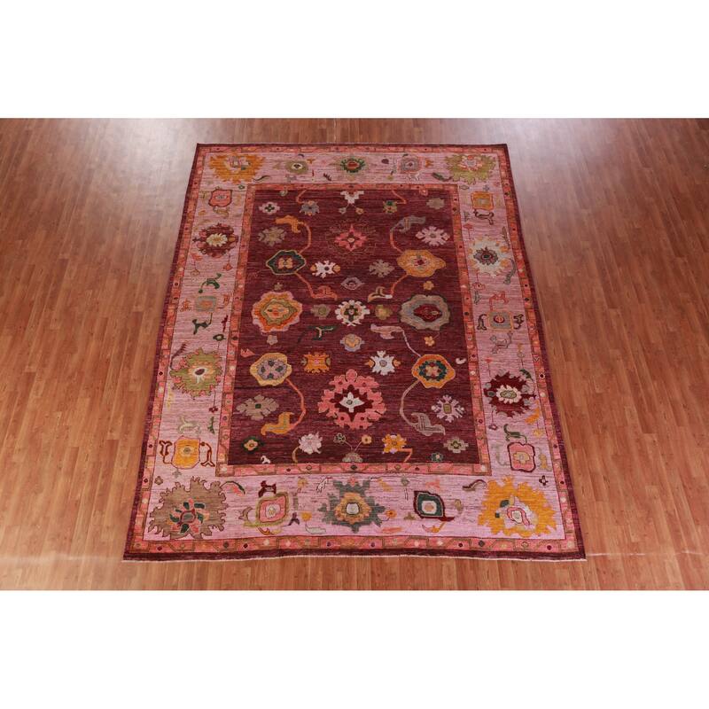 Hand Knotted Oriental 100% Wool Carpet Transitional All-Over Red Oushak Area Rug - 11' 7'' X 9' 1''
