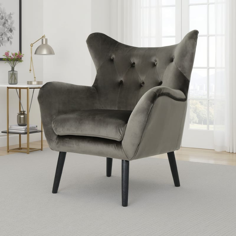 Zorro Armchair, Black Angled Wood Legs, Gray Button Tufted Velvet