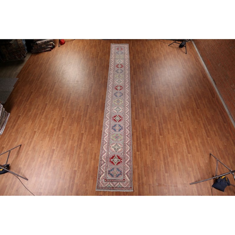 Grey Geometric Kazak Oriental Runner Rug Handmade Wool Carpet - 2'8" x 20'0"