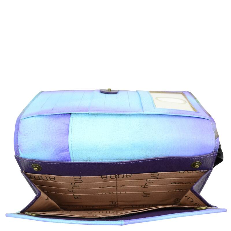 Handpainted Leather Ladies Organizer Wallet On a String - Midnight Peacock