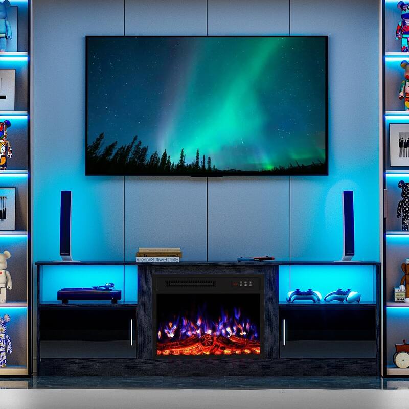 BOSSIN 70-inch TV Stand with 23" Electric Fireplace, Modern High-Gloss Entertainment Center for TVs up to 80" for Living Room