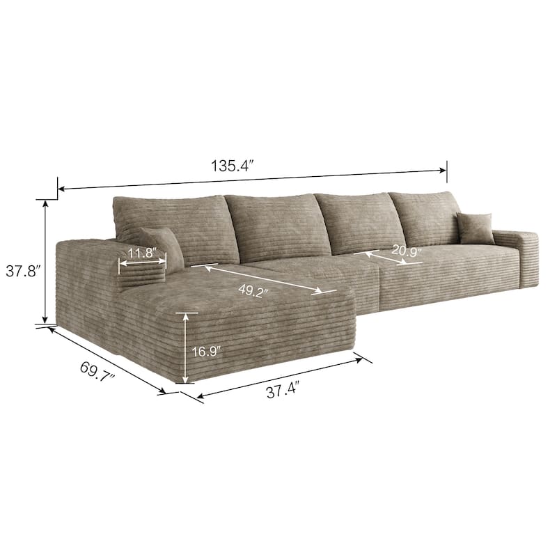 Large Sleeper Sectional Couch L-Shape Floor Modular Recliner Sofa Corduroy Upholstered Chaise Lounge with Ottoman for Livingroom