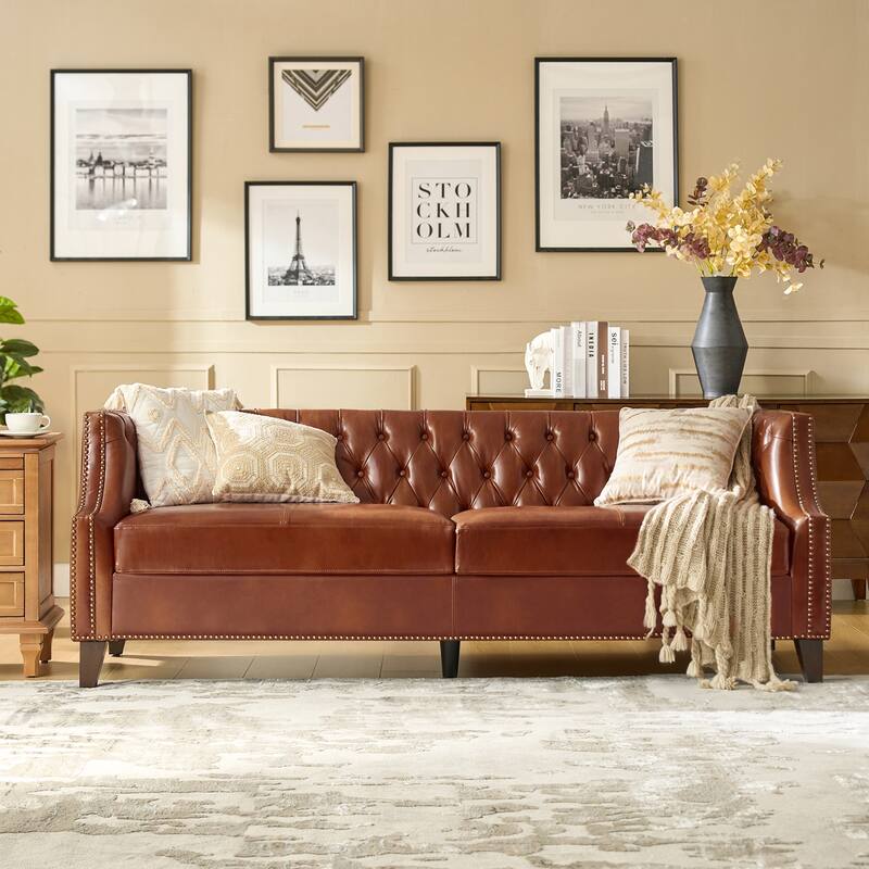 Eugène Transitional Genuine Leather Tufted Design Sofa with Solid Wood Legs by HULALA HOME