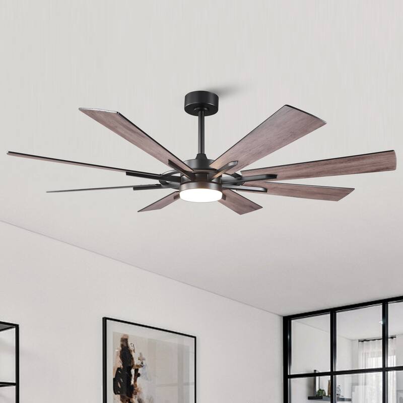 60" Matte Black Large Windmill Farmhouse Integrated LED Ceiling Fan with Light and Remote - 60"Wx12.8"H