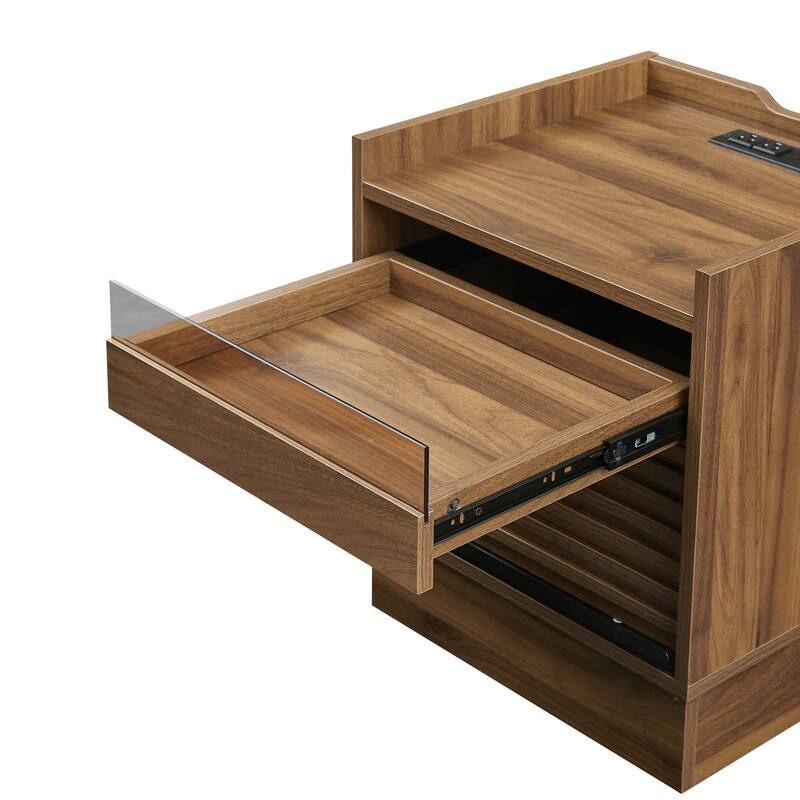 Bedside Table Brown Nightstand with Charging Station and LED lights, Storage Cabinet Side Table with 2 Drawers