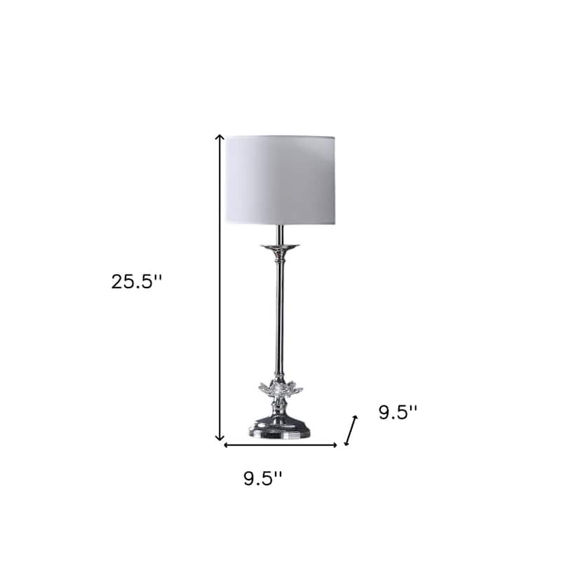 Silver Metal Candlestick Lamp with White Linen Shade and Faux Crystal Accent - 9.5” x 9.5” x 25.5” (D x W x H)