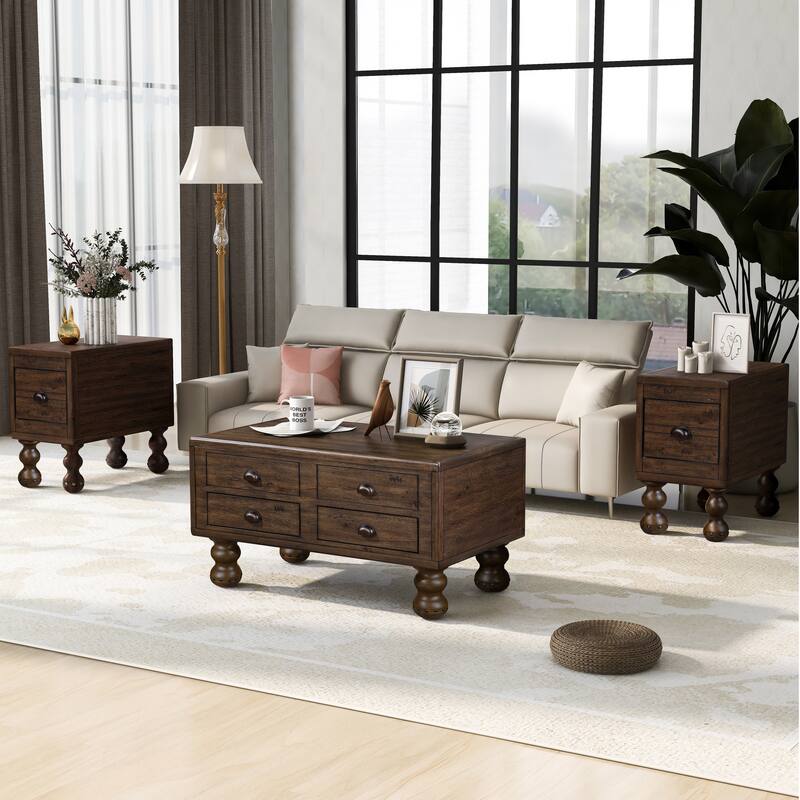 Solid Wood End Table, Rectangle 23.6 inch Narrow Side Table with Drawer, Vintage Bedside