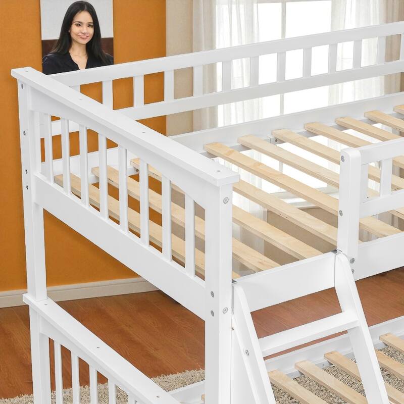 Twin over Full Bunk Bed with Drawers, Convertible to 2 Beds, Pine/MDF, Staircase & Guardrails, 79.7 x 57.5 x 61.2 in