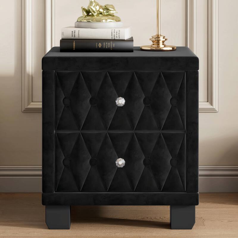 Velvet Nightstand with 2 Drawers and Crystal Handles