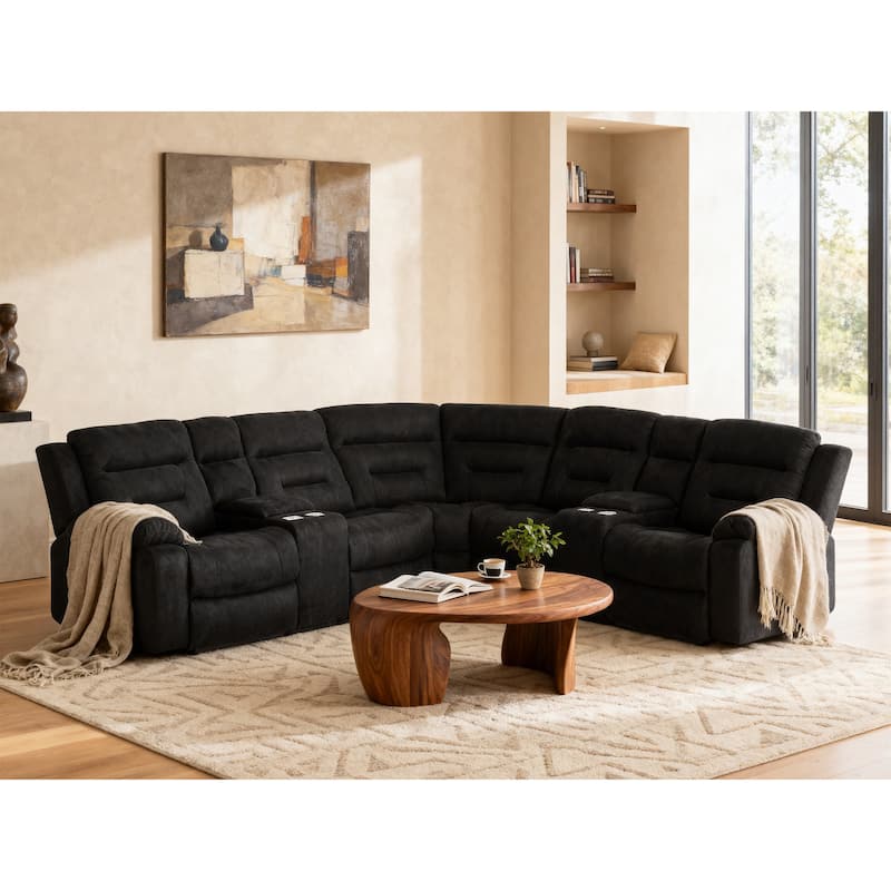 7PCS, 2 Power Recliners, Fabric Reclining Sectional with Power Headrest & Lumber - Black