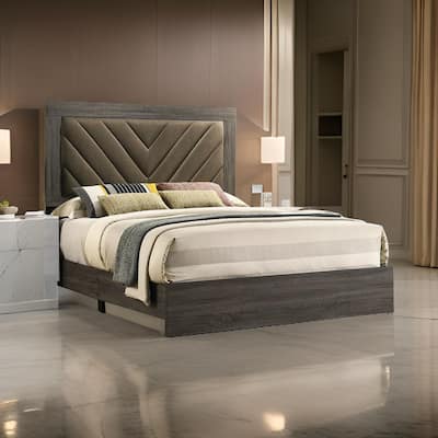 Cato Upholstered King Size Bed, Chevron Tufted Brown Headboard, Dark Gray
