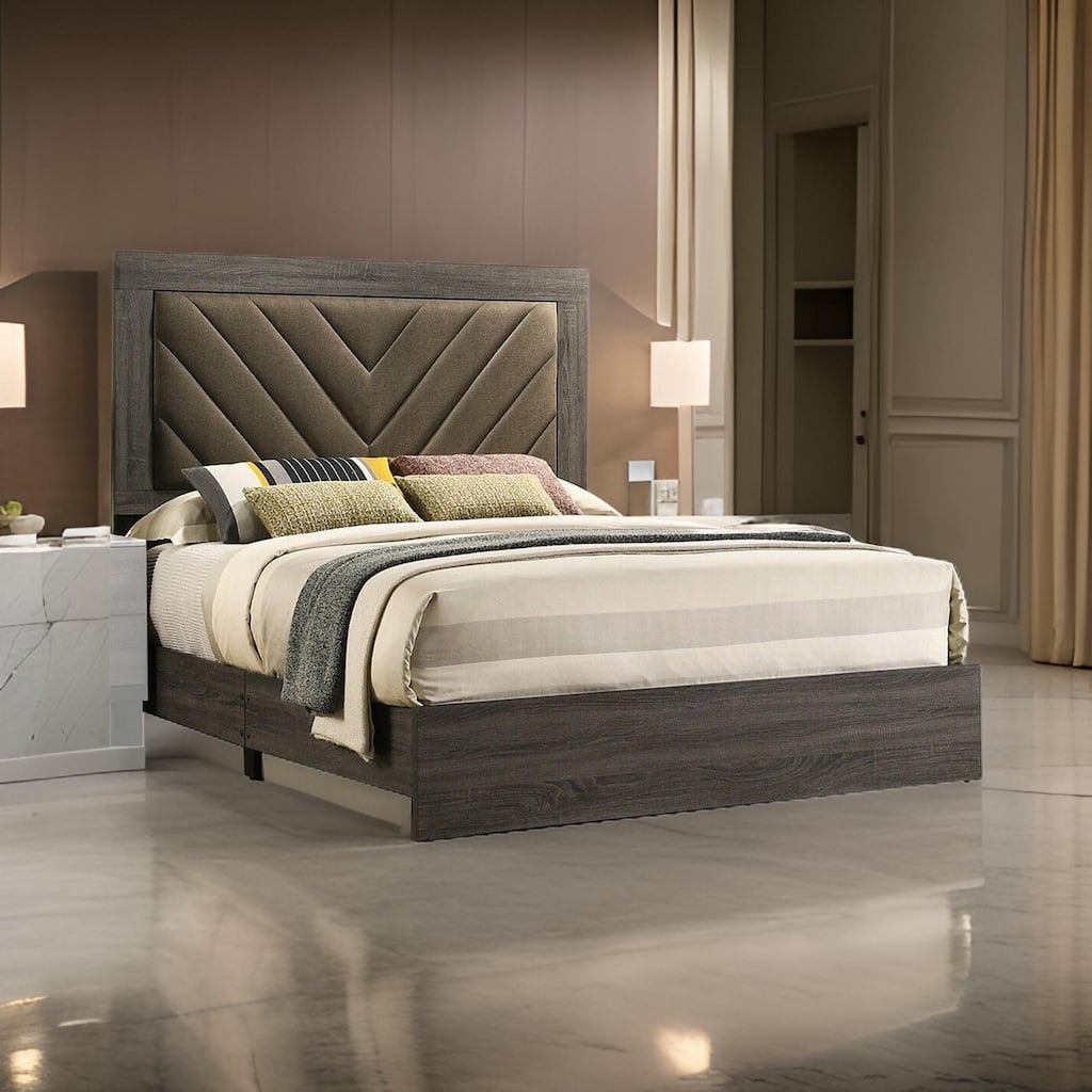 Cato Upholstered King Size Bed, Chevron Tufted Brown Headboard, Dark Gray