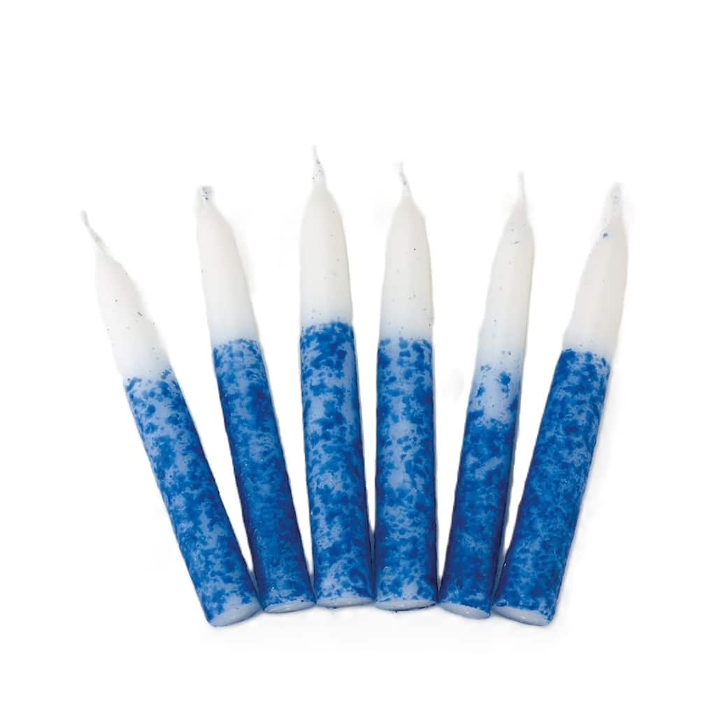 12 White and Blue Contemporary Shabbat Candles 9"