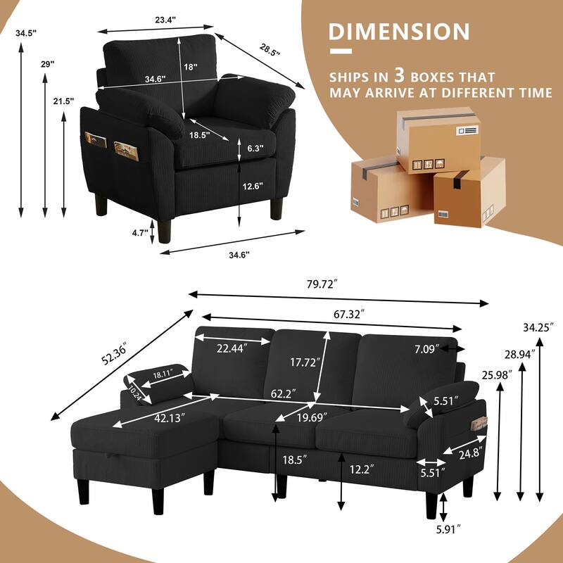 79.72" Corduroy 3 Pieces Living Room Sets Including Sectional Sofa with Storage Ottoman and Armchair Set