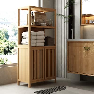 Bamboo Bathroom Storage Cabinet, Freestanding Floor Cabinet, Bathroom Cabinet with Slatted Doors, Adjustable Shelf & Open Shelf
