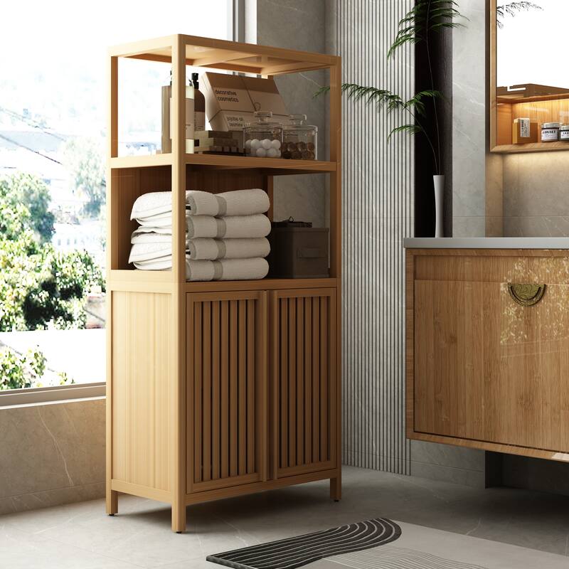 Versatile Bamboo Storage Solution: 2-Door Floor Cabinet for Bathroom, Kitchen & Entryway‌