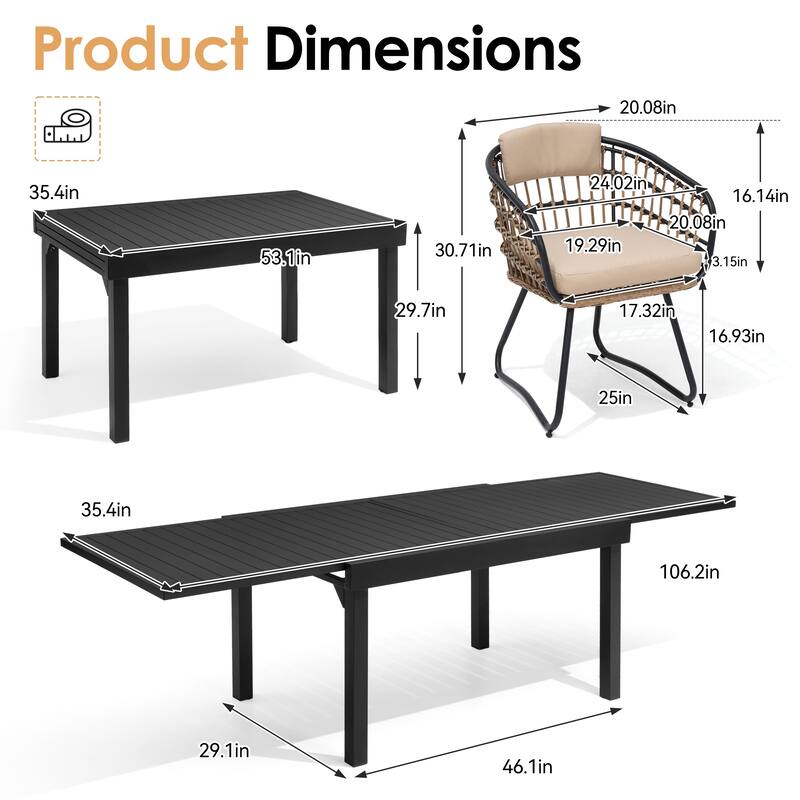 VredHom 11PC Outdoor Patio Extendable Table Dining Sets Table with Rattan Chairs