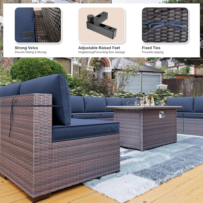 Kullavik 15PCS Outdoor Patio Furniture Set with Fire Pit Table & Glass Top Coffee Table