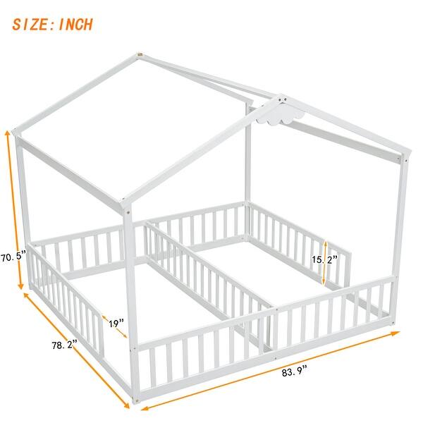 Double Twin Size Pine Wood Kids House Floor Bed Frame with Fence & Guardrails, No Box Spring Needed, White